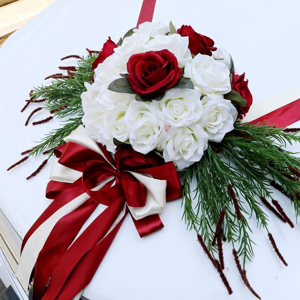 Set mit 12 Stück Kunstblumen, Seide mit Schleifenband, Schmetterling, Dekoration für Auto, Hochzeit – Rot