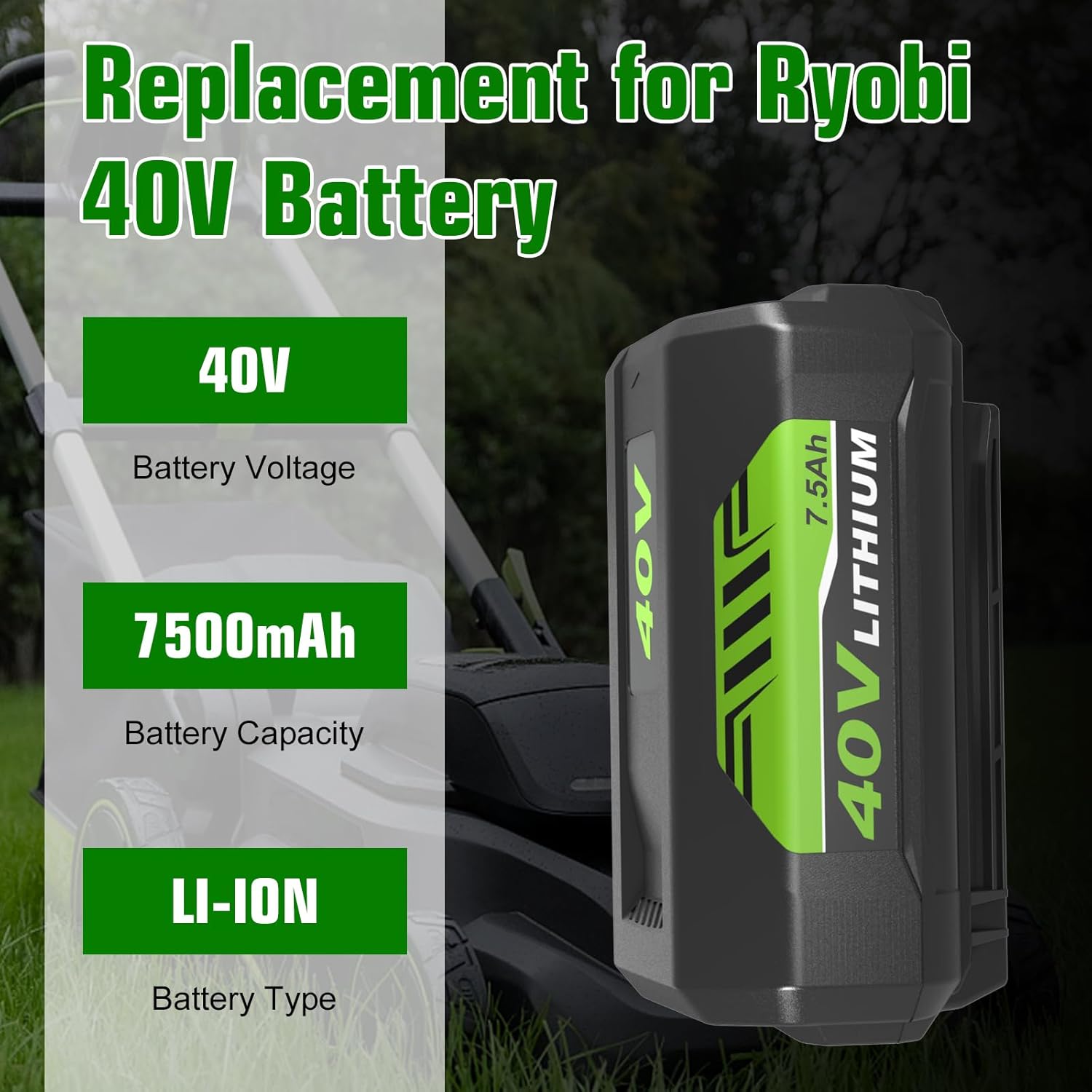 7500mAh High Capacity OP4026 Replacement Battery Compatible with Ryobi 40V Battery Lithium OP4050A OP40601 OP4040 OP4030 OP4050 OP40261 OP40201 OP40401 Cordless Tools with LED Indicator (2 PACK) - Image 2
