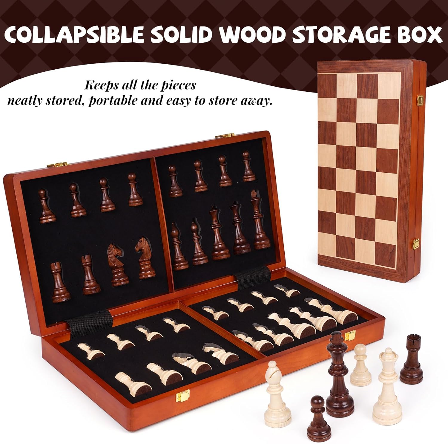 20 Inch Super Large Wooden Chess Set, Hand-Carved Wooden Chess Pieces with 4.5” King, Built-in Storage & 2 Extra Queens, Luxury Folding Tournament Chess Board Game for Adults and Kids