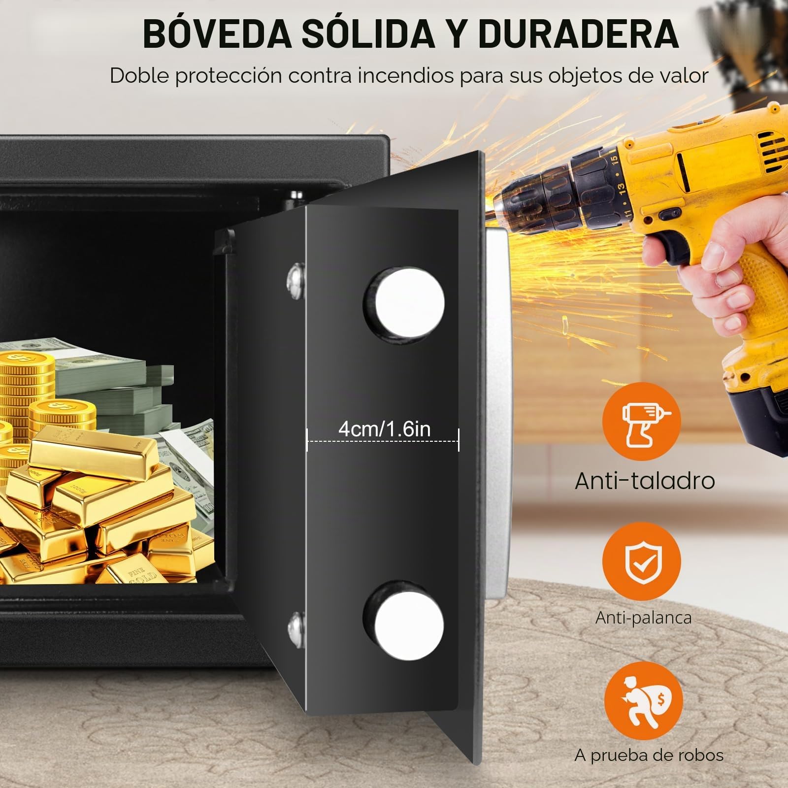 Mini caja fuerte para hogar, 34 l, ignífugo, impermeable, con llave de emergencia, para casa, oficina, caja fuerte, montaje en pared, para dinero en efectivo, joyas, medicamentos, negro, 8,5 l