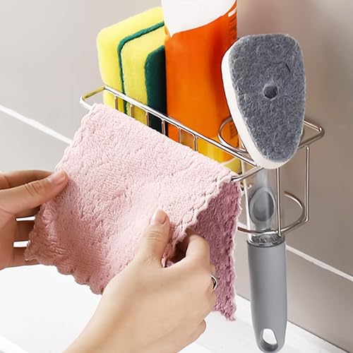 Miniatura 6 de 2 soportes de esponja para fregadero de cocina, organizador de fregadero de cocina, acero inoxidable, cepillo adhesivo para platos y soporte de tela