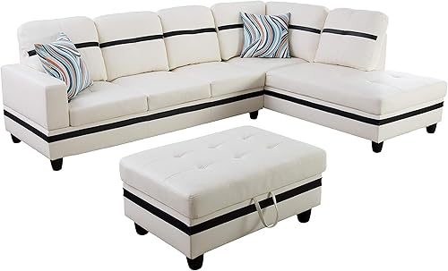 Golden Coast Furniture - Juego de sofá seccional en forma de L, juego de sofá de sala de estar, sofá seccional de cuero con otomana de Negro y