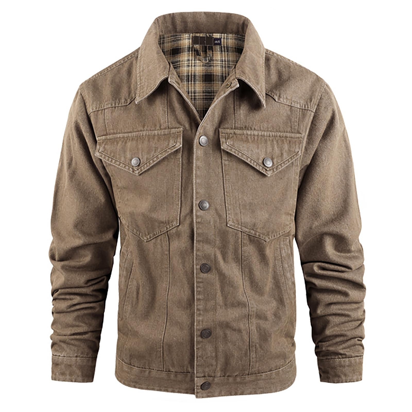 Męska Kurtka Dżinsowa w Kratę z Podszewką Snap Cowboy-Cut Western Classic Slim Fit Vintage Jacket Trucker Coat Brązowa Kurtka Dżinsowa Męska Kurtka z Odkrytymi Klapami z Przodu