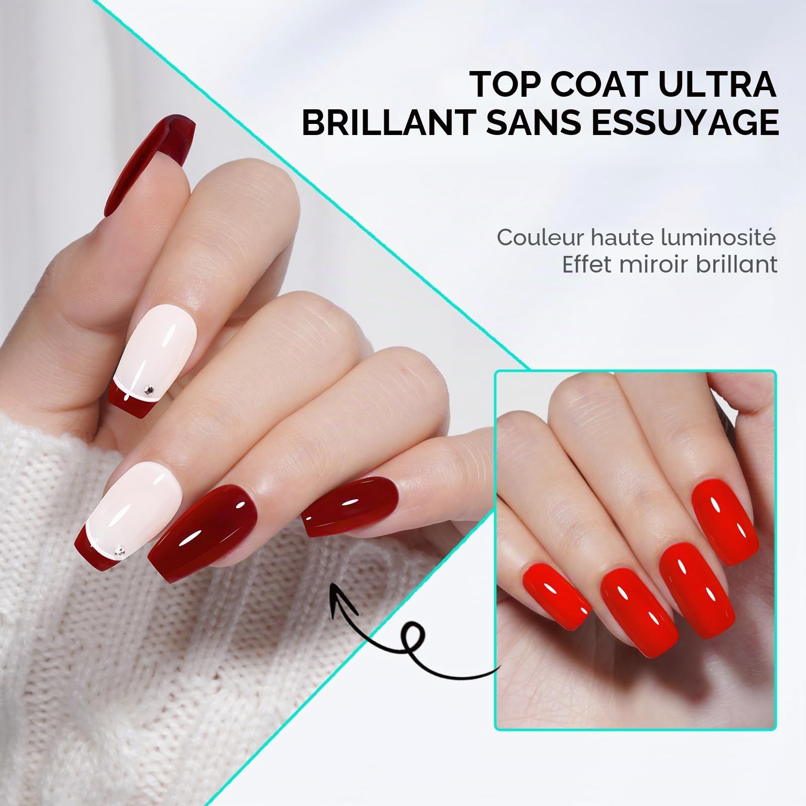 TOMICCA Base et Top Coat Vernis Semi Permanent, 2 * 15ML No Wipe Base Coat et Glossy Top Coat Set, Vernis à Ongles Gel UV/LED Soak-Off Pour Nail Art et Cadeaux Manucure