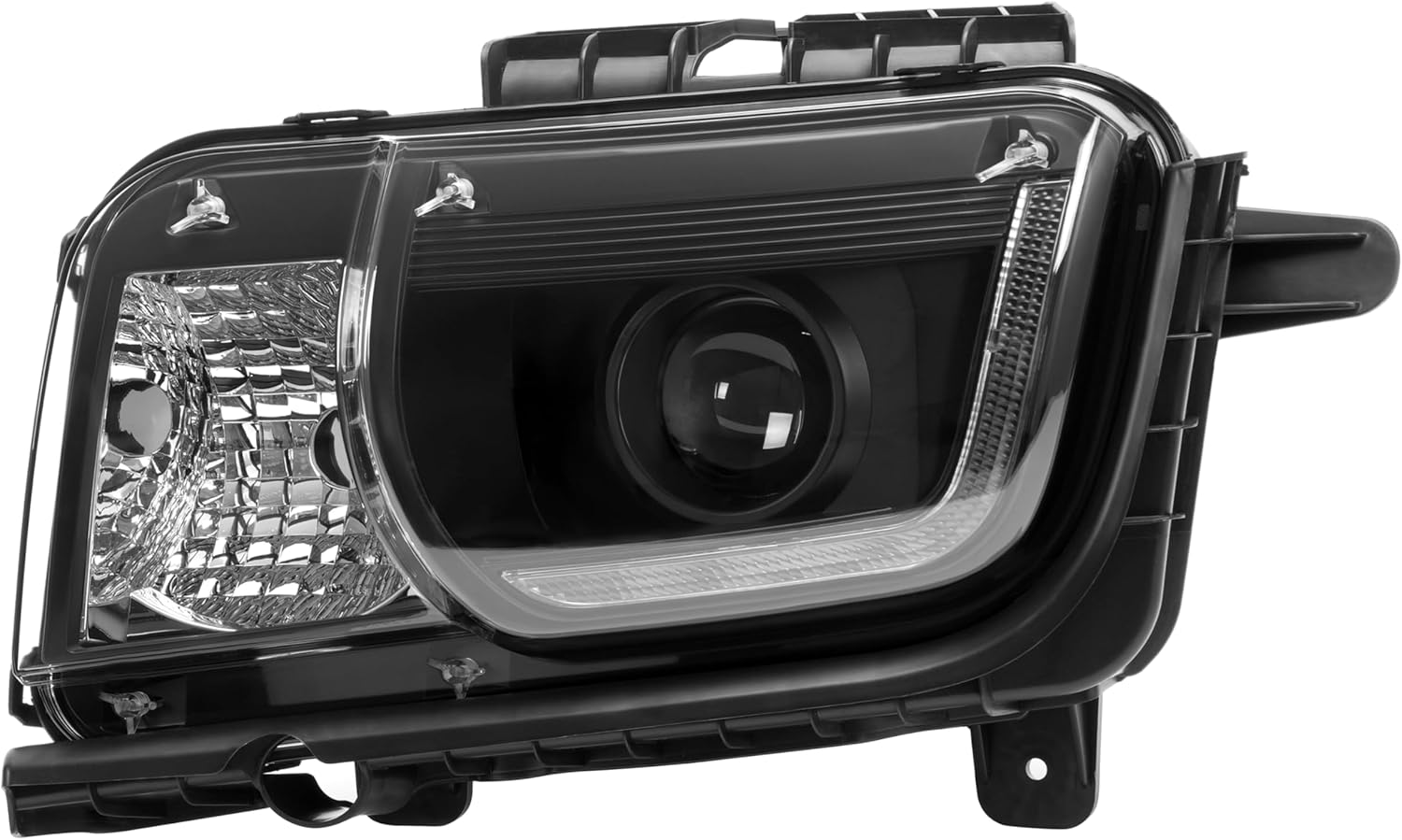 HECASA Pair Projector Headlight Compatible with 2010-2013 Chevy Chevrolet Camaro Replacement for GM2502346 GM2503346 w/LED Tube DRL Front Light Lamp Left & Right - Clear Lens Black Housing