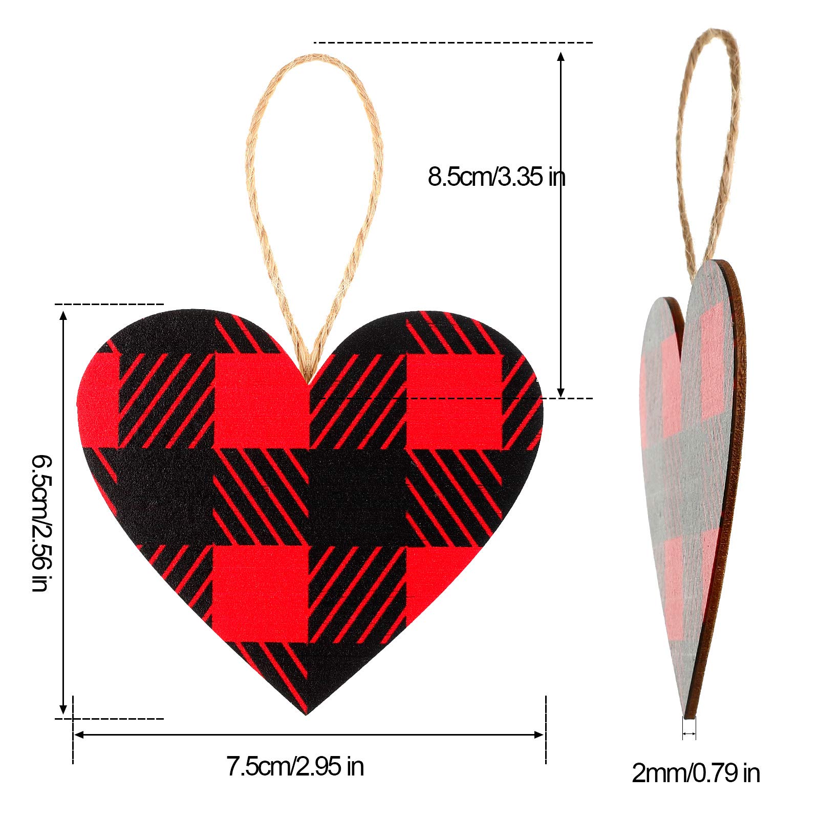 Jetec Valentine Red Buffalo Plaid Ornament Red Plaid Hanging Ornament Wooden Heart Embellishment Heart Wooden Slice for Christmas Holiday Party Decor(12 Pieces)