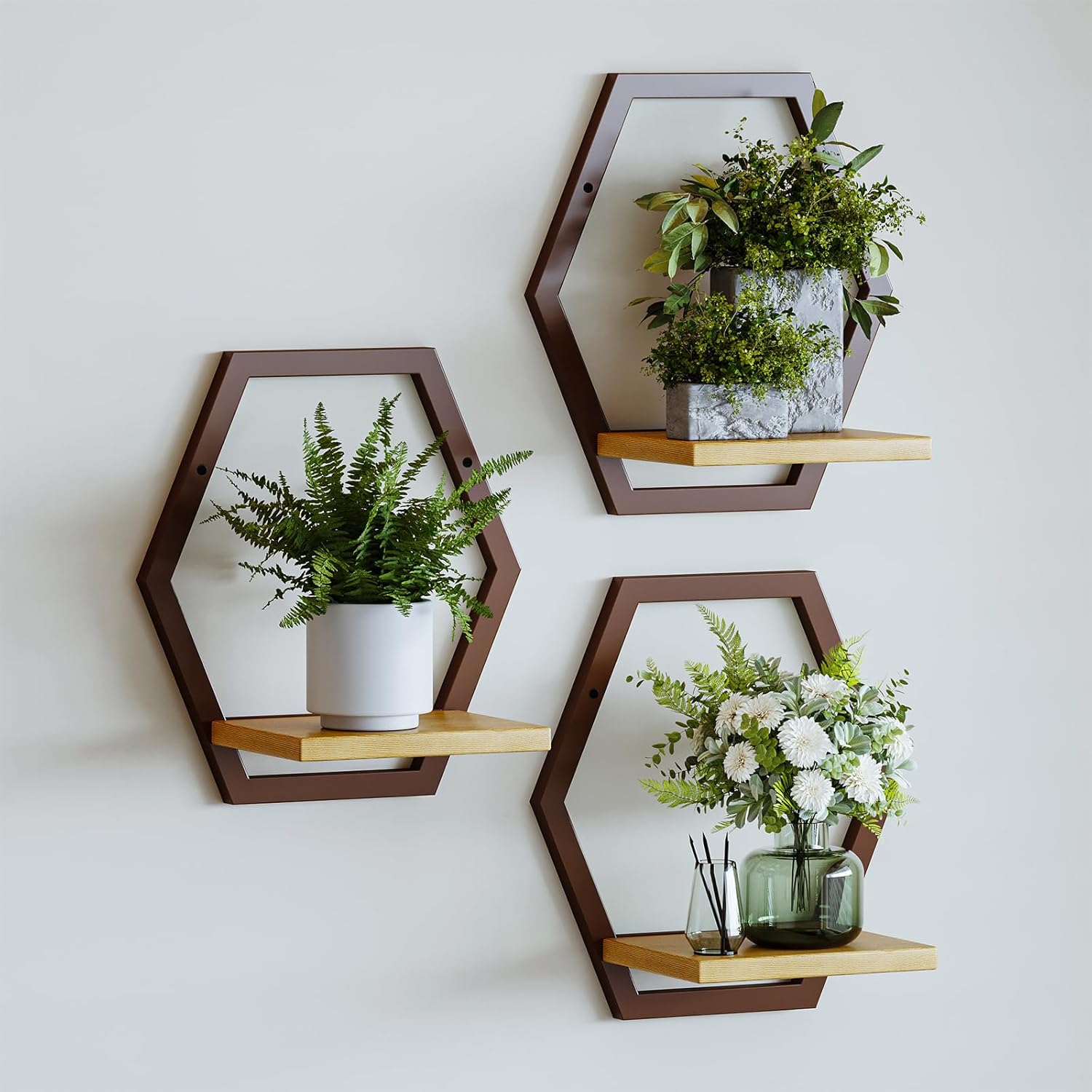3 Pack Solid Wood & Heavy Duty Metal Wall Plant Stands,9 inch Natural Wood Shelf…