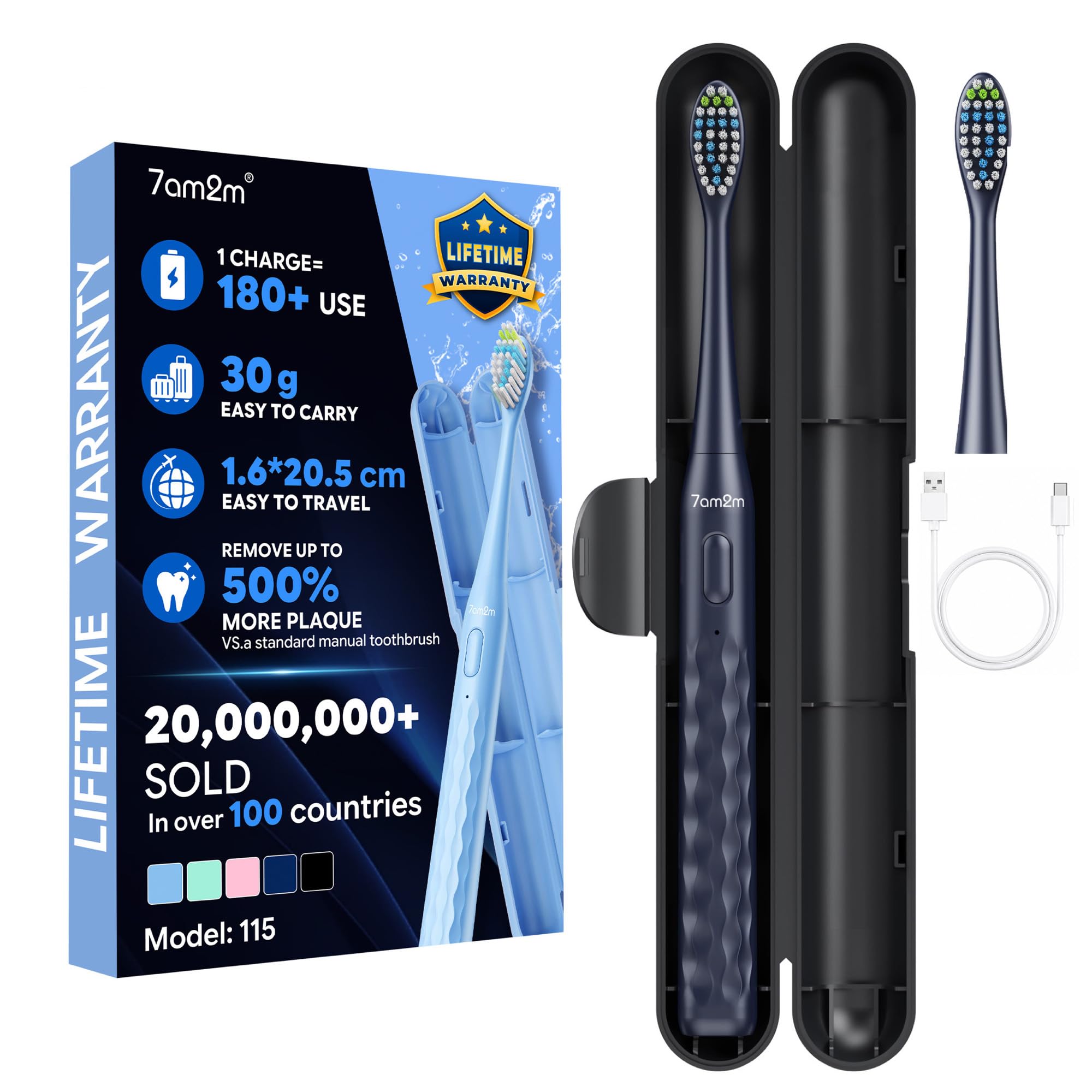 7AM2M Sonic Travel Electric Toothbrush for Adults&amp;Kids, Travel Case&amp;2 Brush Heads, 1 Charge for 90 Days, Type-C Rechargeable Sonic Toothbrush, Compact Design for Daily/Travel Use-Navy