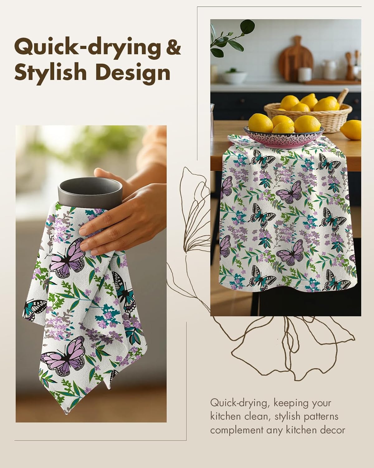 Flour Sack Kitchen Towels - Set of 2 Cotton Dish Towels with Hanging Loop Decorative 16x26 Inch Absorbent Cute Design for Housewarming Gifts, PUR Butterfly - Image 4