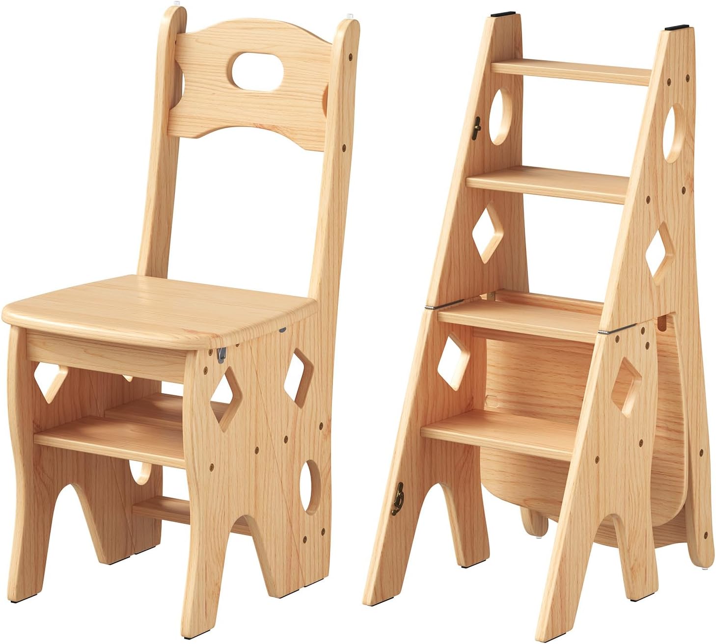 GOOFCXO 4 Step Folding Ladder Chair, 3-in-1 Wood Ladder Stool, Multi-Functional Portable Step Stool Display Stand for Home Kitchen Office Library, 265lbs Load Capacity, 34.3" H x 13.4" L x 15.2" W