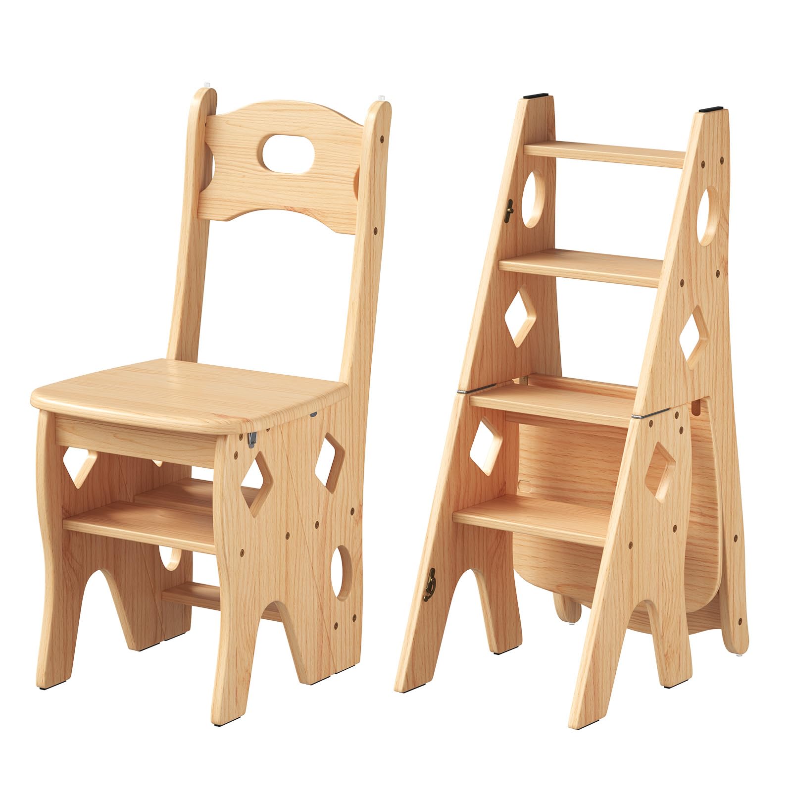 Taburete plegable para biblioteca (4 niveles, hasta 180 kg) | Silla plegable de madera maciza, para escalones, exposición, soporte para flores, madera, 46 x 34 x 87 cm