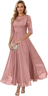 Tea Length Mother of The Bride Dresses for Women Lace Appliques Chiffon Formal Wedding Guest Dress with Sleeves AF067