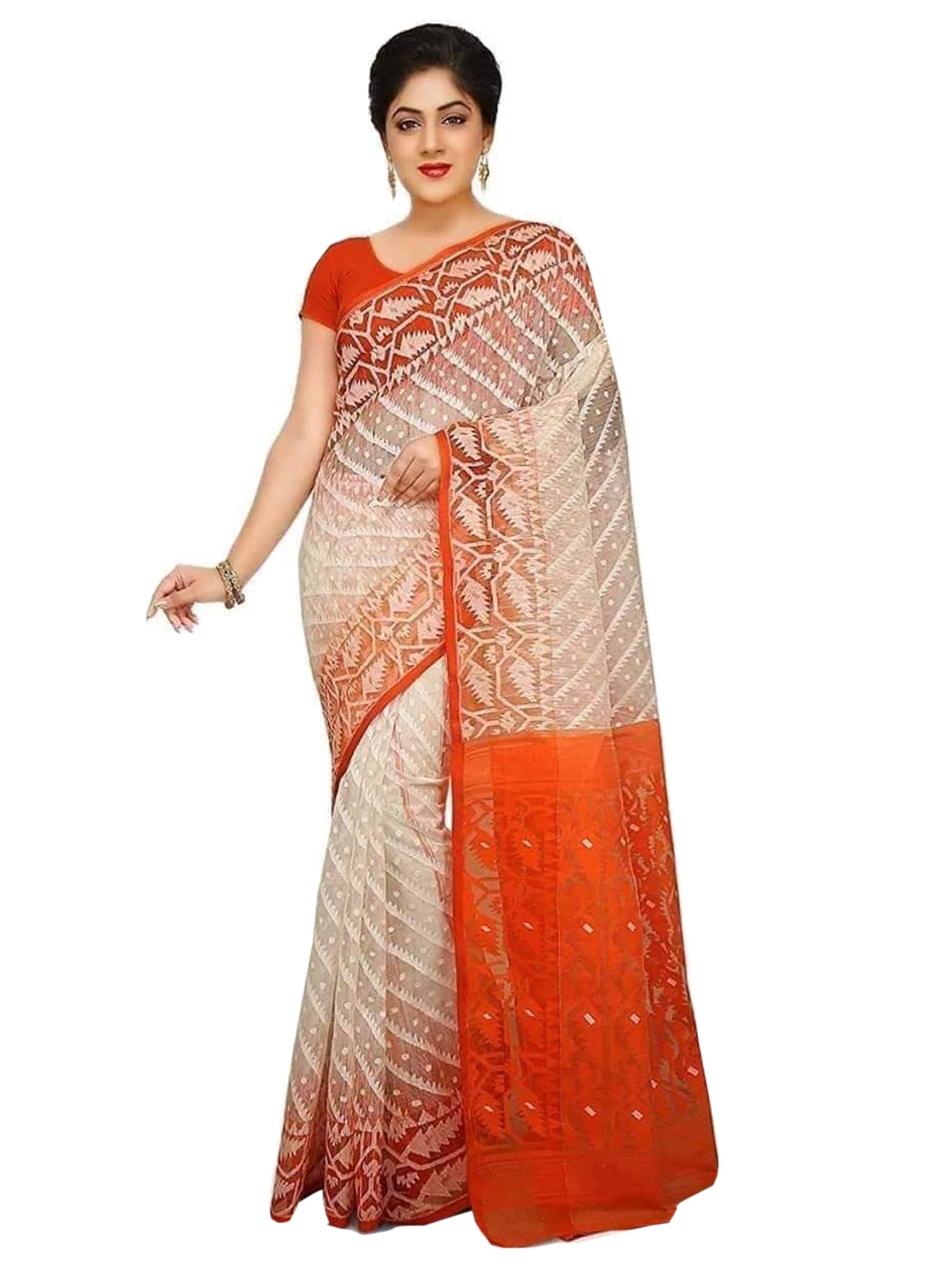 Sari Jamdani de algodón suave blanco y naranja de 5.5 m 6
