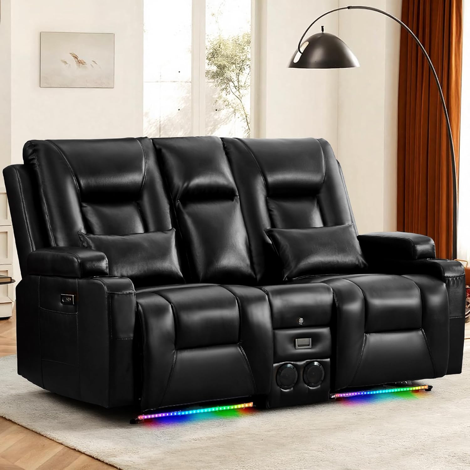Houjud Power Reclining Loveseat Recliner Sofa with Console, Wall-Hugger RV Couch with USB Ports, Cup Holders, Bluetooth Speakers & Ambient Lighting for Home Theater or Camper, Faux Leather, Black