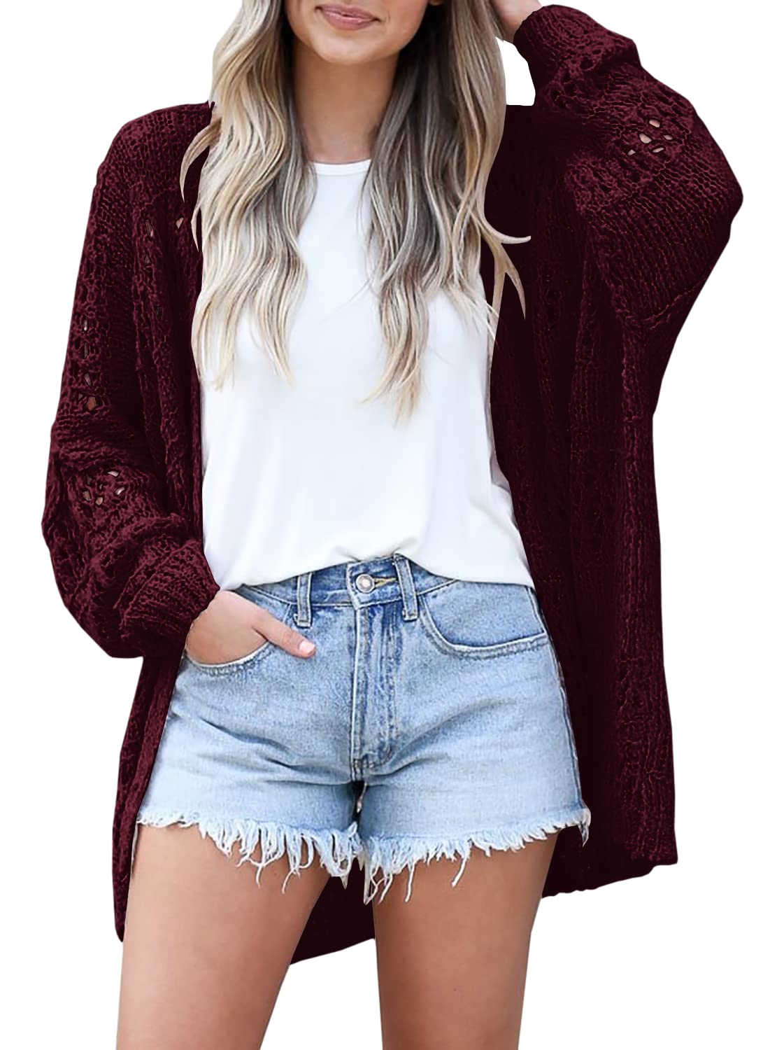 Ermonn Womens Crochet Cardigan Sweater Kimonos Boho Solid Color Oversized Spring Open Front Outwear