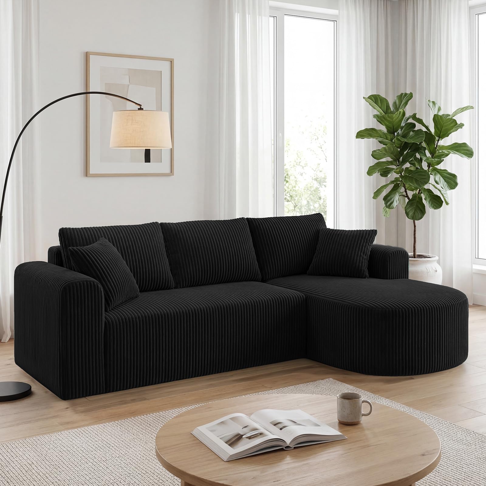 COMHOMA Canapé d'angle modulaire en velours côtelé de 243 cm avec méridienne, canapé-lit en forme de L, canapés sectionnels avec coussins et poches latérales, canapé pour salon, sans montage, noir