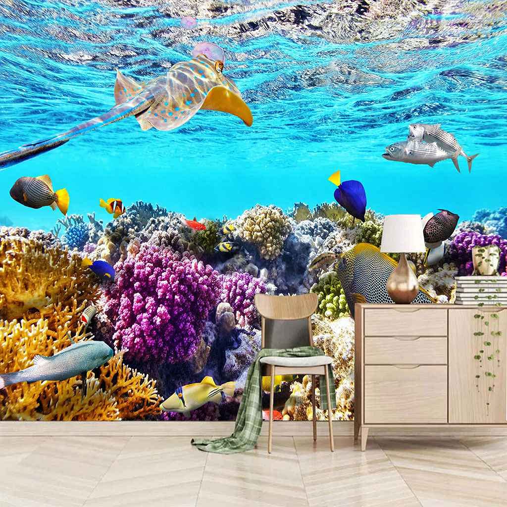 Papier Peint Toile 3D Poisson Corail Marin Grand Format Adhésif Décoration Murale