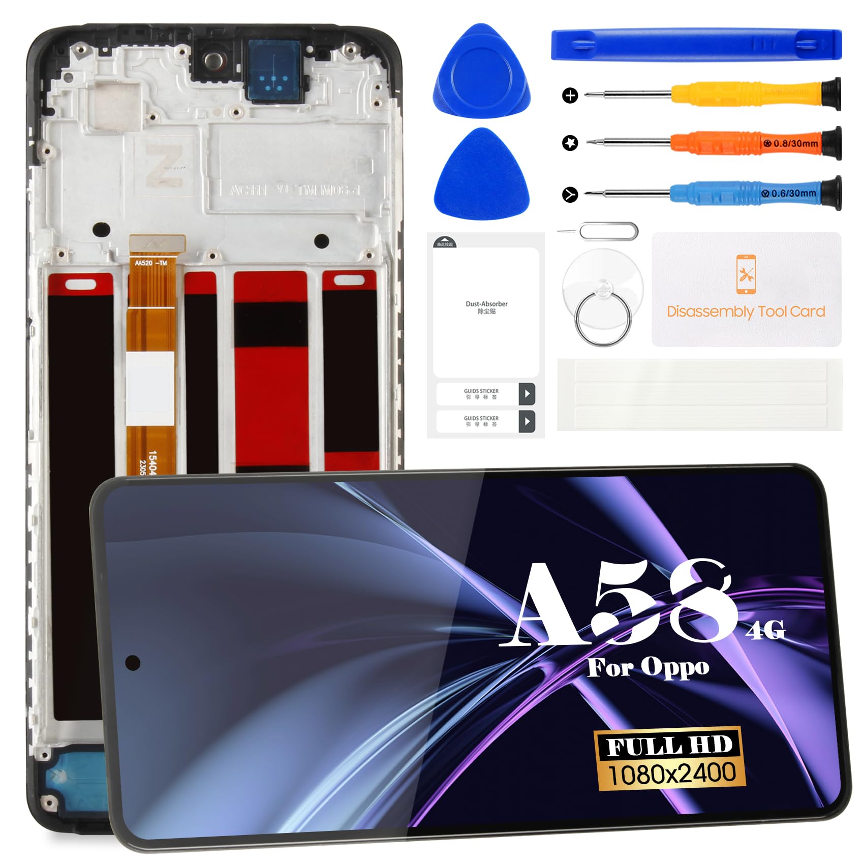 for Oppo A58 4G LCD Display for Oppo A58 4G CPH2577 Screen Replacemet for Oppo A58 4G Touch Screen Digitizer Display Assembly Repair kit with Frame(