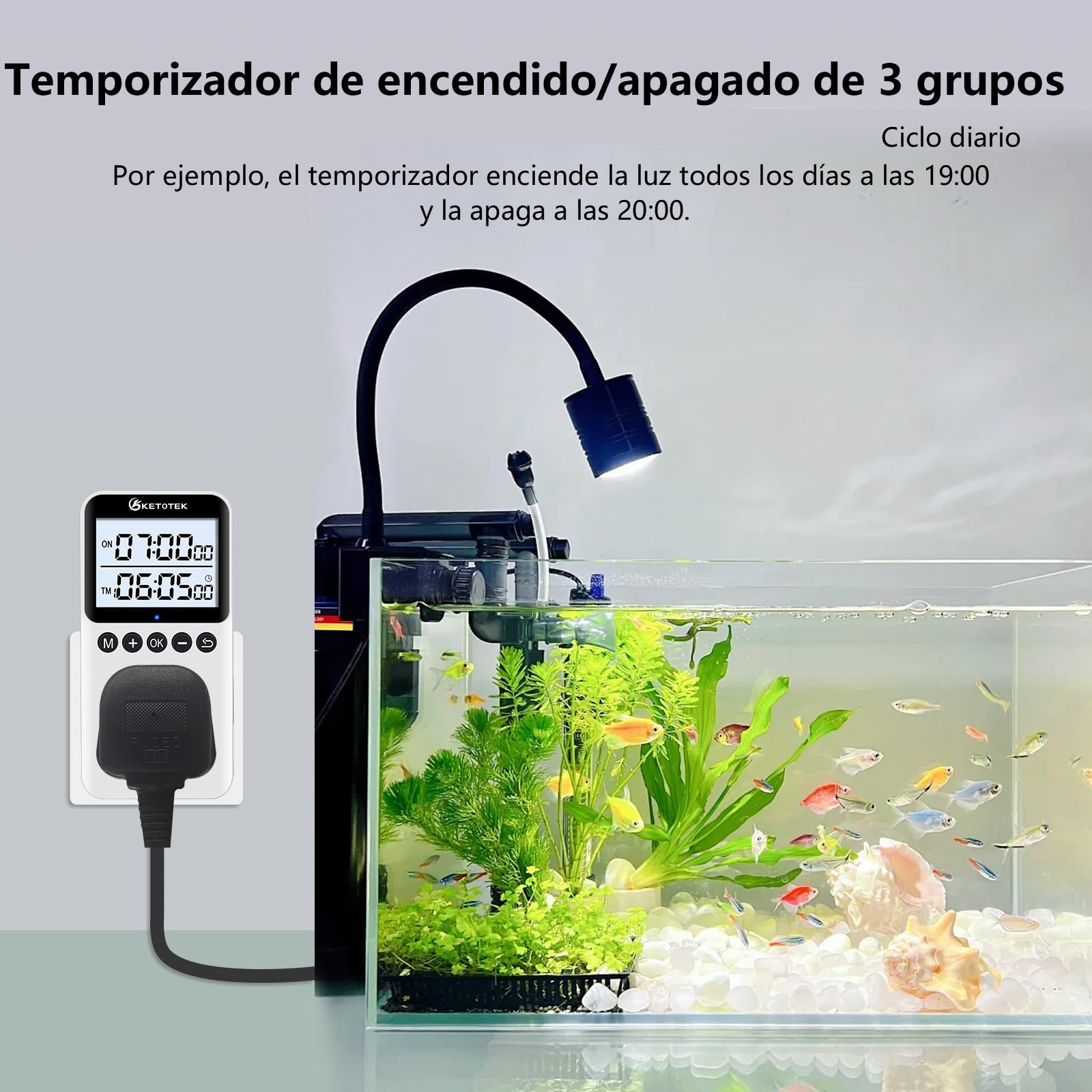 KETOTEK KTTS02 Temporizador digital con retroiluminación, interruptor de ciclo continuo, cuenta regresiva, temporizador interno para lámparas, acuario (16 A, 230 V, 3680 W)