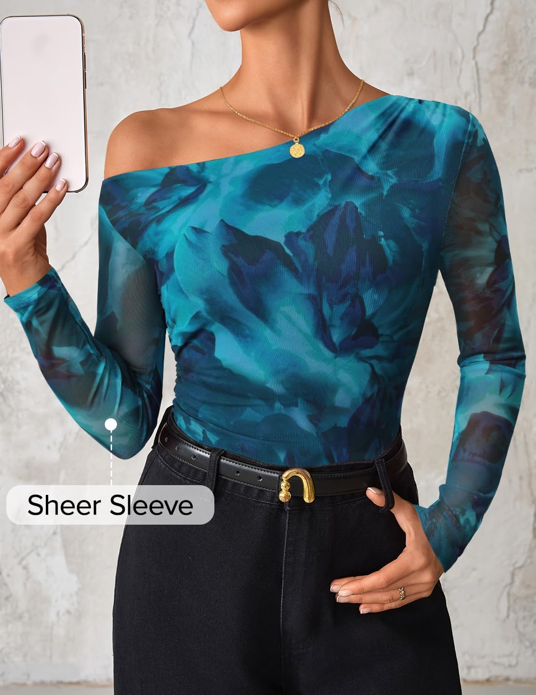 ZESICA Women's Floral Off Shoulder Long Sleeve Tops 2026 Spring Mesh Ruched Fitted Trendy Going Out Shirts Blouses - Image 4