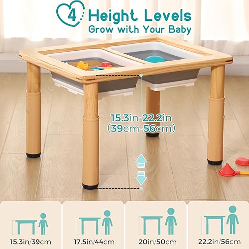 Miniatura 9 de FUNLIO Mesa sensorial de madera con 2 contenedores para niños pequeños de 1 a 5 años, mesa sensorial para niños de 3 niveles de altura ajustable con