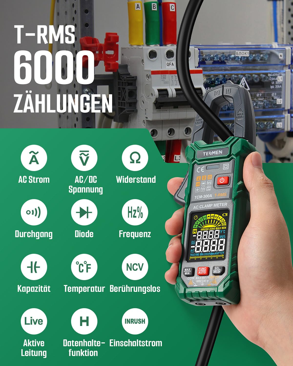 TESMEN TCM-300A Digital Clamp Meter 6000 Counts T-RMS Amperemeter Auto-Ranging Multimeter Voltmeter mit AC-Strom AC/DC Spannung NCV/Live Wire Einschaltstrom Widerstand Diode Temperatur – Grün