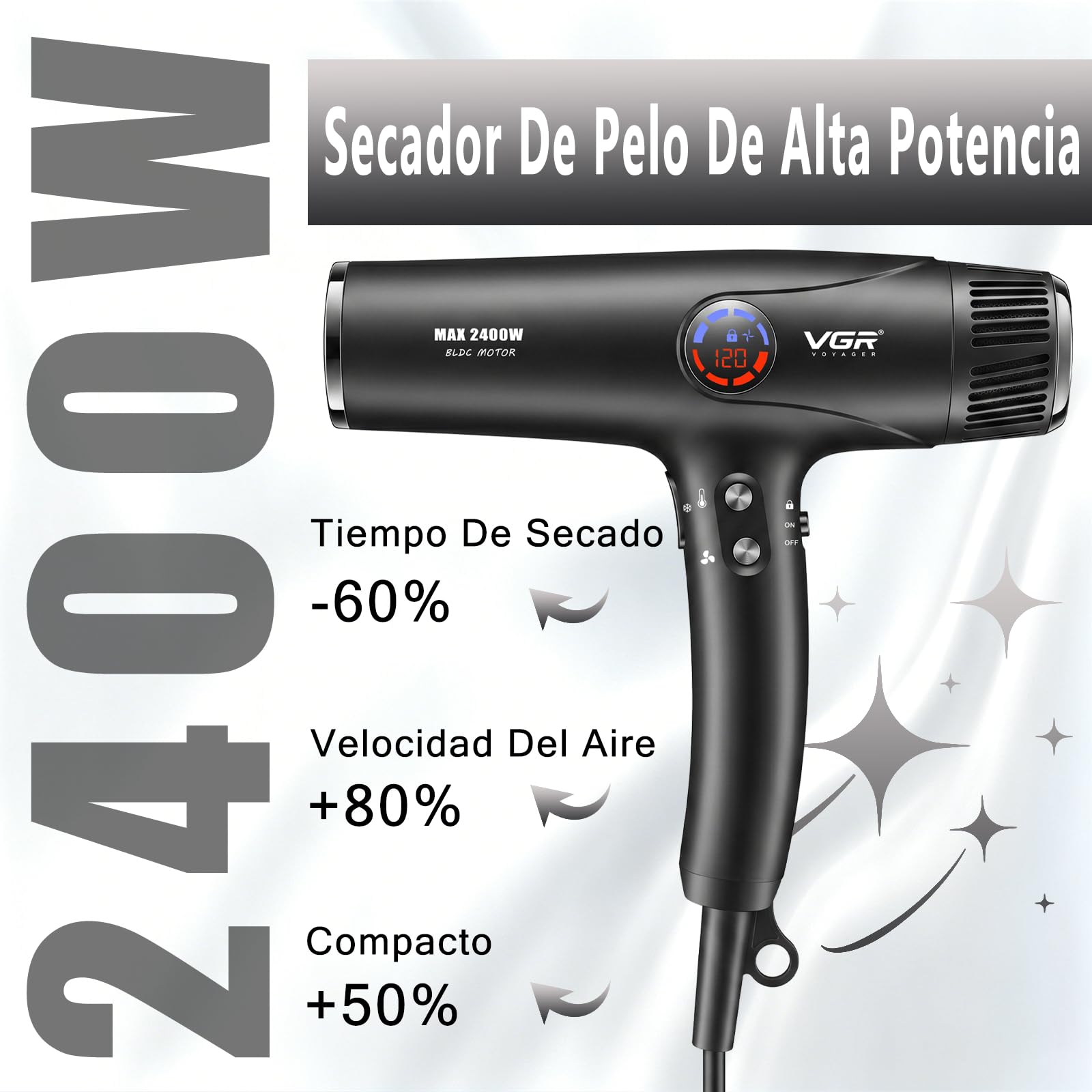 VGR 469 Secador de Pelo Profesional, Motor BLDC 2400 W, Secado Rápido | Incluye difusor, botón de aire frío, 4 temperaturas, pantalla LED y función de bloqueo