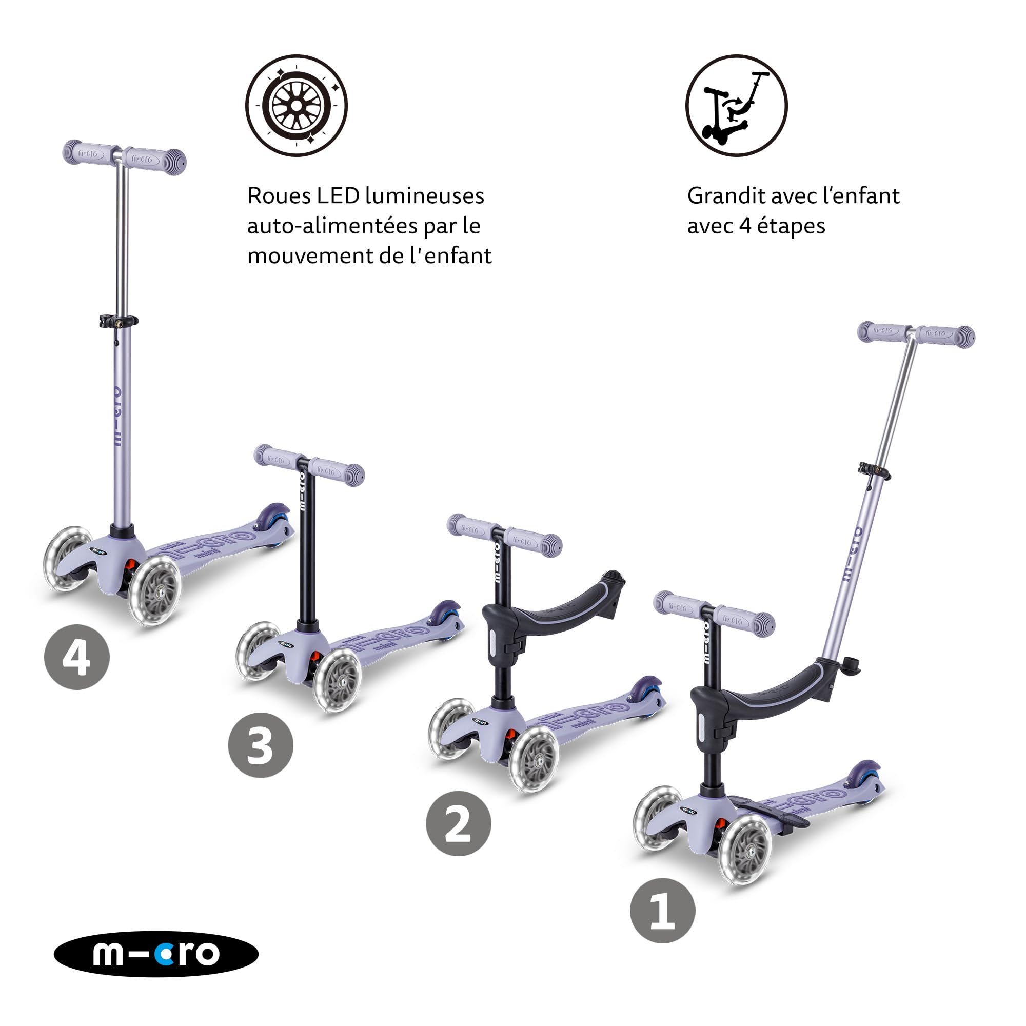 Trottinette évolutive Micro Mini2Grow 2.0 Lavande | LED
