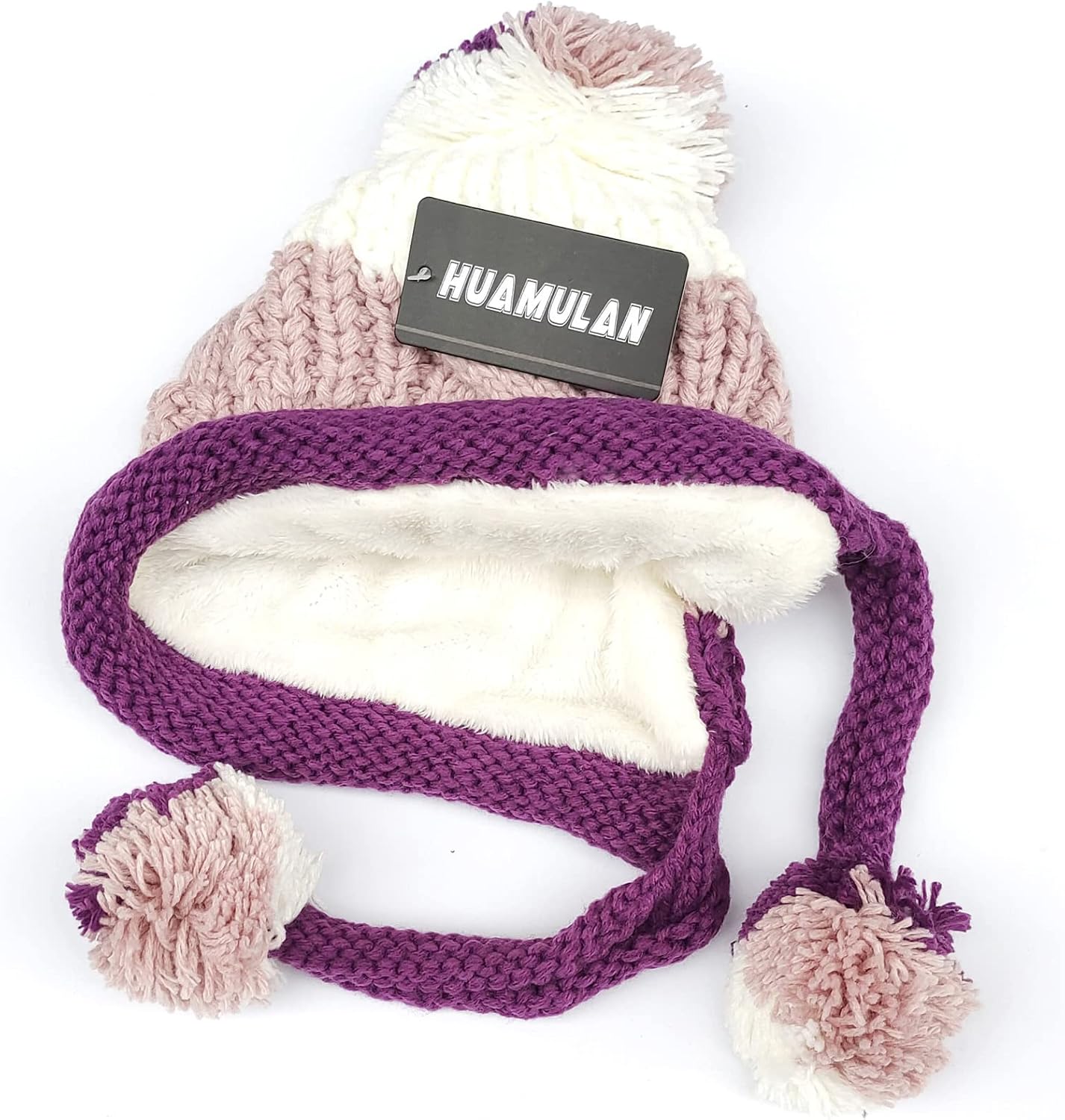 Women Winter Peruvian Cover Ears Beanie Hat Ear Flaps Sherpa Ski Snow Hats Knit Fleece Lined 3 Pom Pom - Image 6