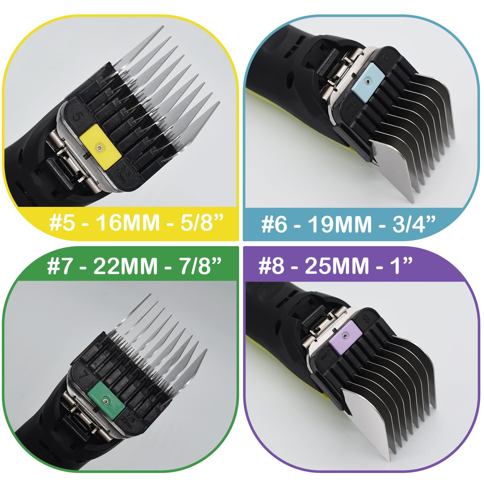 8 Peignes Guides Professionnels en Acier Inoxydable Type A5, 3/6/10/13/16/19/22/25mm, 1/8"-1" Compatibles avec Wahl KM2/5/10, Andis AG/BG, Oster A5/A6 et Tondeuses pour Animaux Type A5