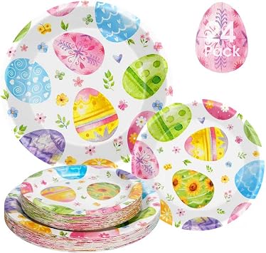 Litmitfu 24 Pcs Easter Plates Set - Watercolor Happy Easter Eggs Paper Plate, Disposable Spring Colorful Round Dinner Dessert Plates Tableware for Easters Day Party Supplies Favors Table Decorations
