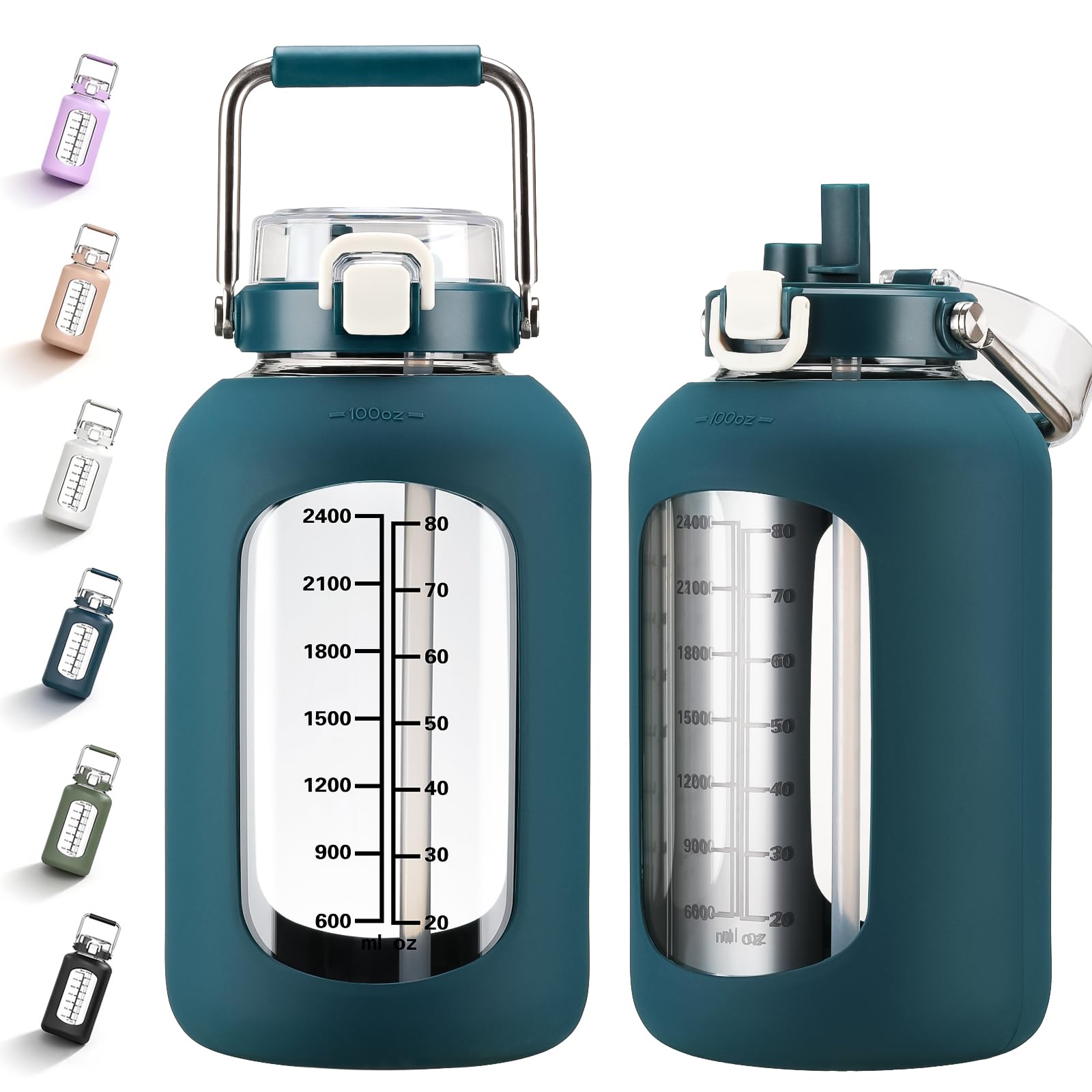 MUKOKO 100oz Glass Water Bottle with Time Marker and Silicone Sleeve