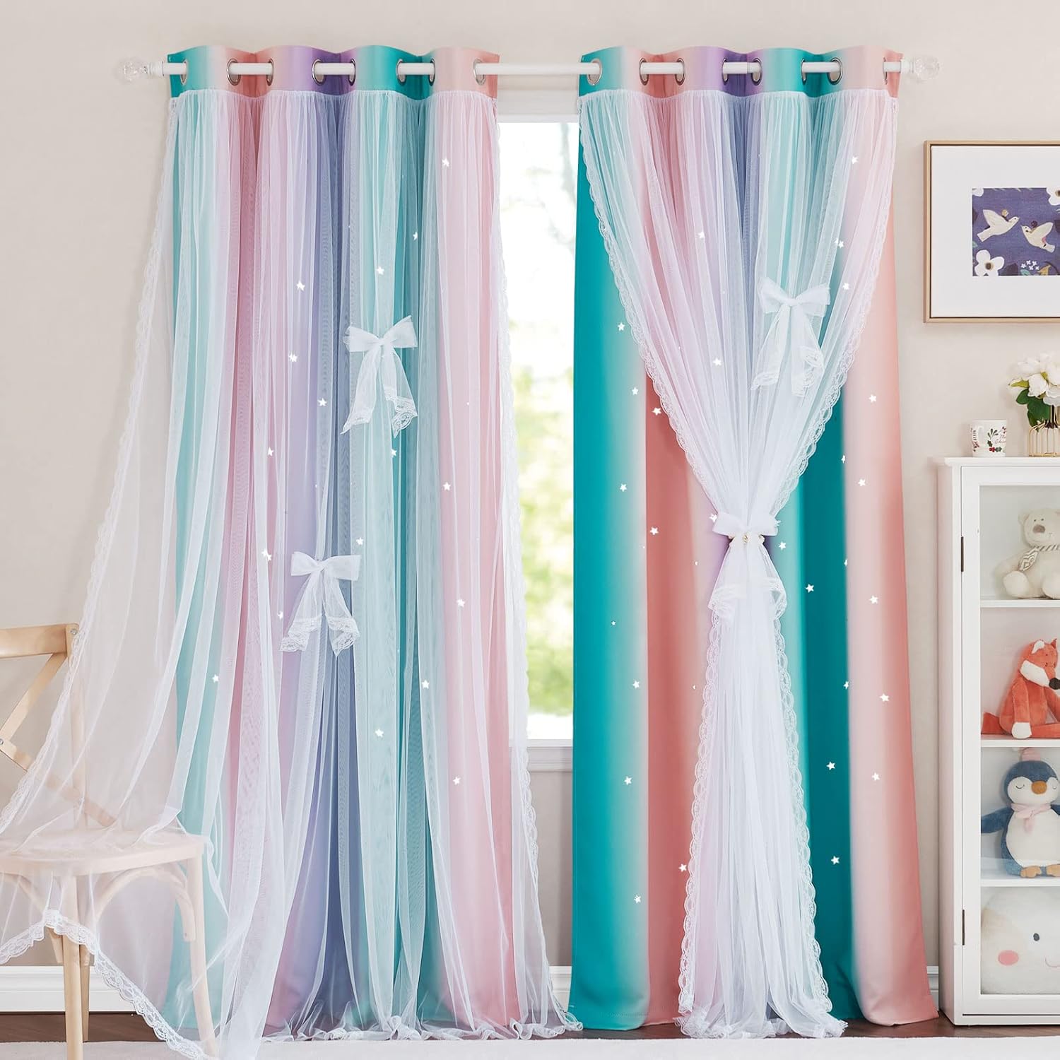 NICETOWN Rainbow Star Curtains for Baby Bedroom, Double Layer Kids Stripes Room Darkening Curtains with White Sheer for Nursery Living Room Window (Pink Purple, W52 x L84, Sold by 1)