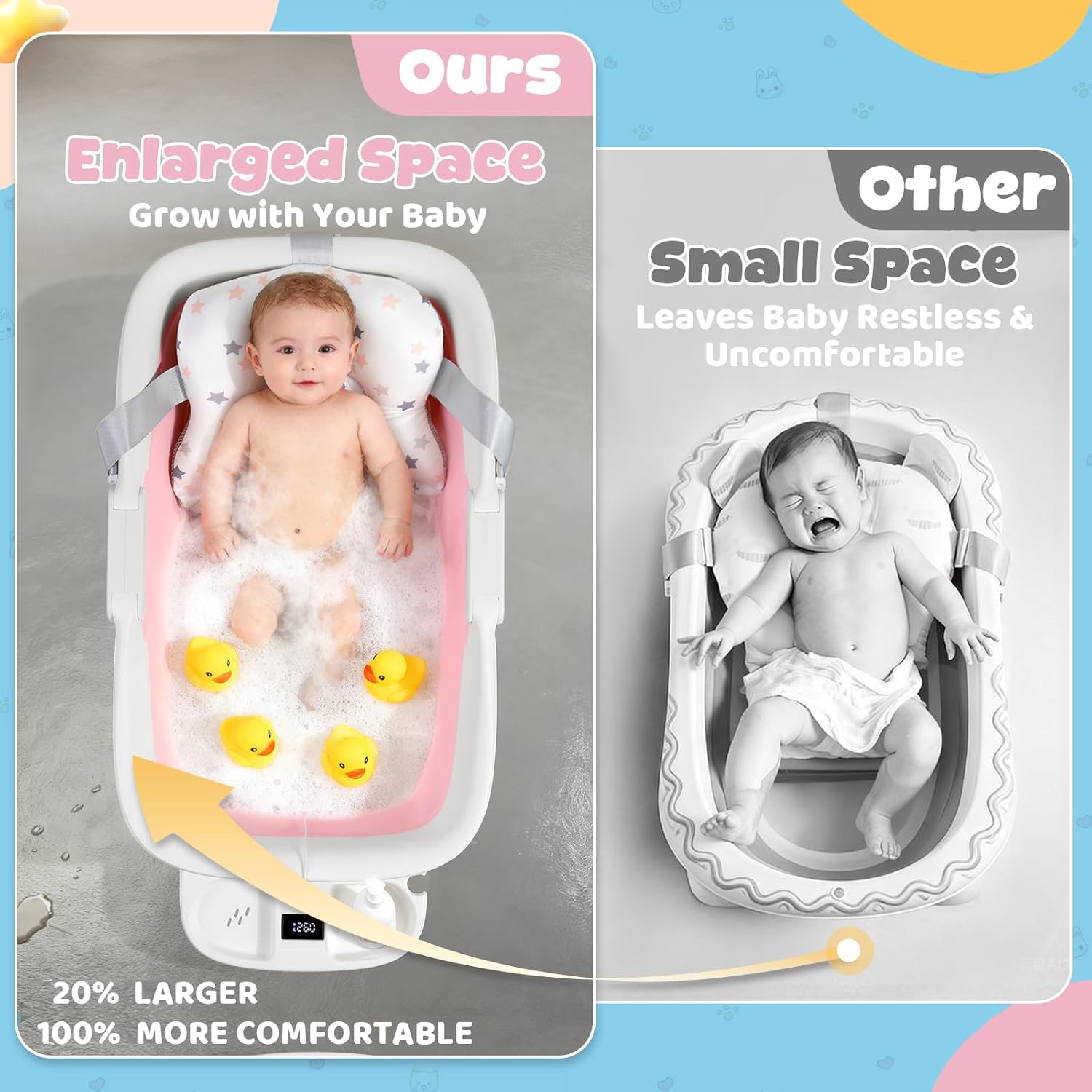 Orzbow Collapsible Baby Bathtub, Large Baby Bath Tub for Newborn with Soft Cushion & Thermometer, Travel Portable Baby Tubs for Infants to Toddler 0-36 Months, 28x16.9 inches, Pink