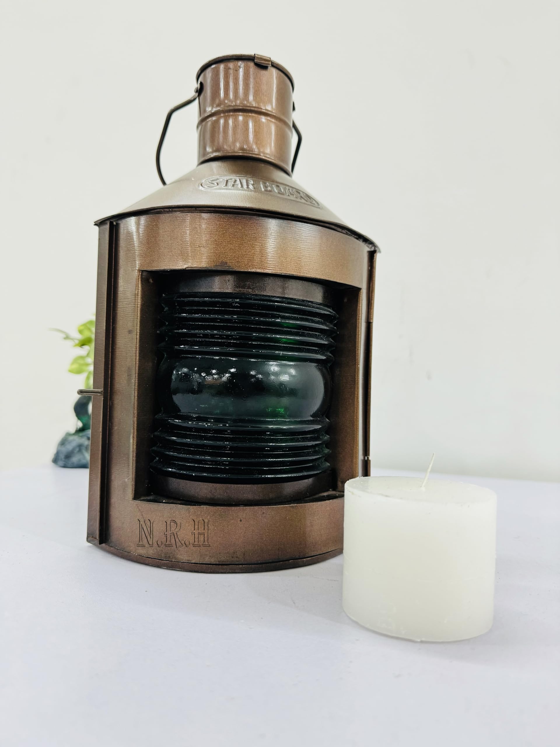 Farol portavelas de Cobre con Estrella de Cobre, Farol de Vela con Cristal Verde, Centro de Mesa Costera para Interiores y Exteriores, decoración Colgante para el hogar