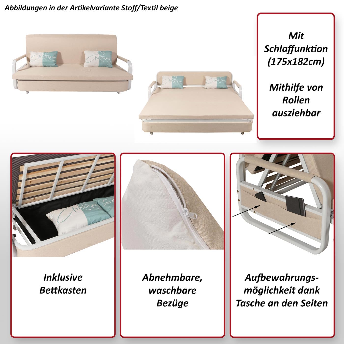 Mendler Sofa z funkcją spania HWC-M83, sofa z funkcją spania kanapa sofa, funkcja spania schowek na pościel powierzchnia do leżenia, 190x185cm - tkanina/tekstylia jasnoszare