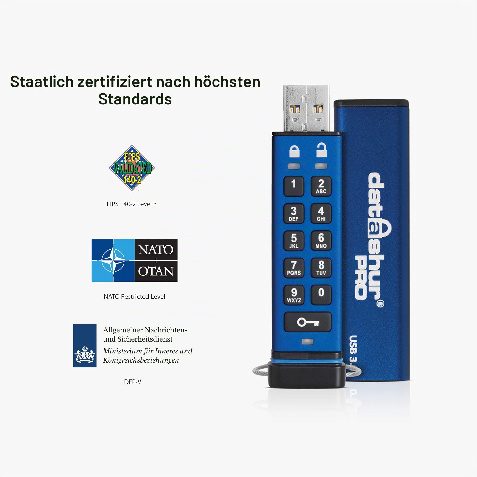 iStorage datAshur PRO 32 GB - Verschlüsselter USB-Speicherstick - Zertifiziert nach FIPS 140-2 Level 3 - Passwortgeschützt - Staub-/wasserbeständig