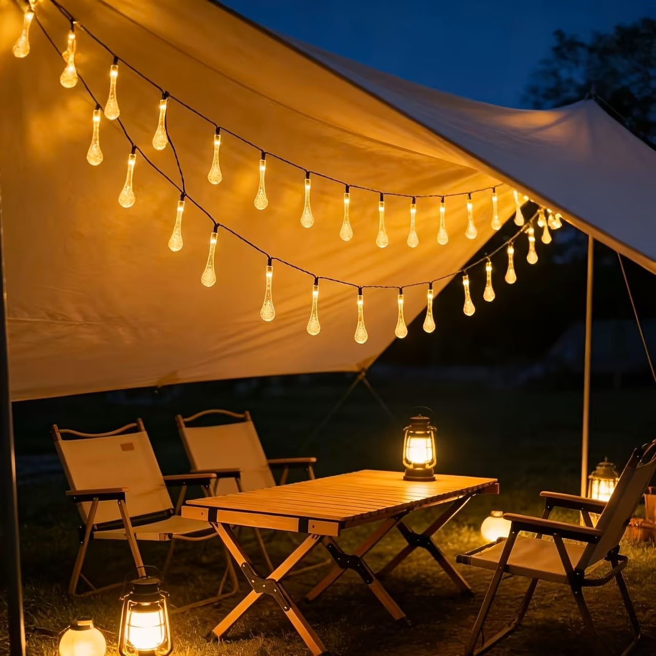 50L Super Solar Power Ambient Warm White LED Raindrop String Lights Outdoor