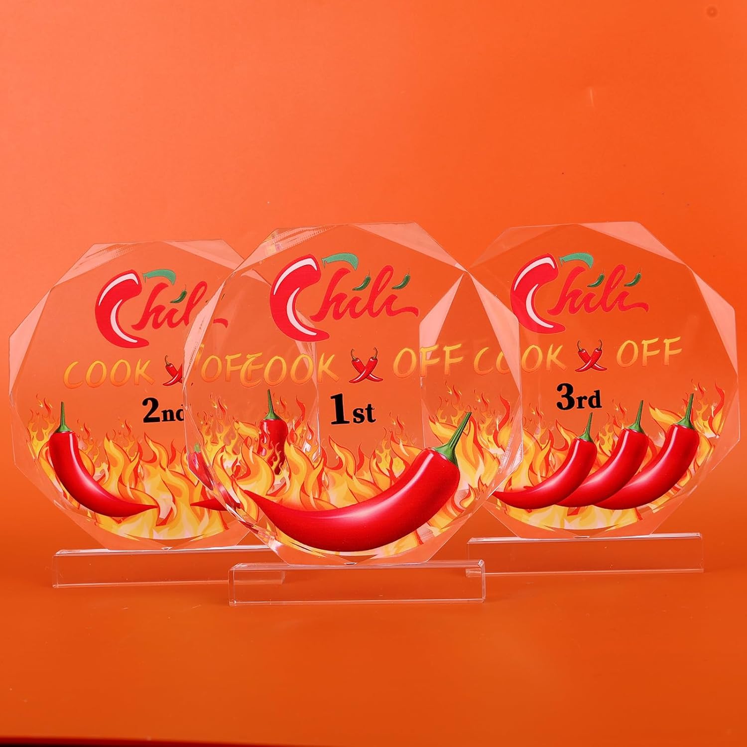 Penitue 3pcs Chili Cook-Off Trophies, Acrylic Cooking Competition Trophy Awards with Base Including 1st 2nd 3rd Place Prizes for Chili Festival Award Party Decorations