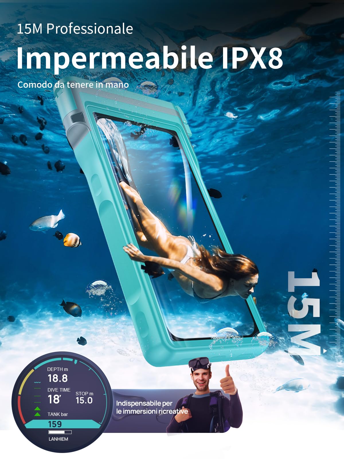 Lanhiem 15M Custodia impermeabile [Universale] IPX8 Custodia subacquea professionale per iPhone Samsung Galaxy Huawei Xiaomi Redmi Goole Pixel e smartphone 4.7-6.9'' Custodia subacquea,Blu