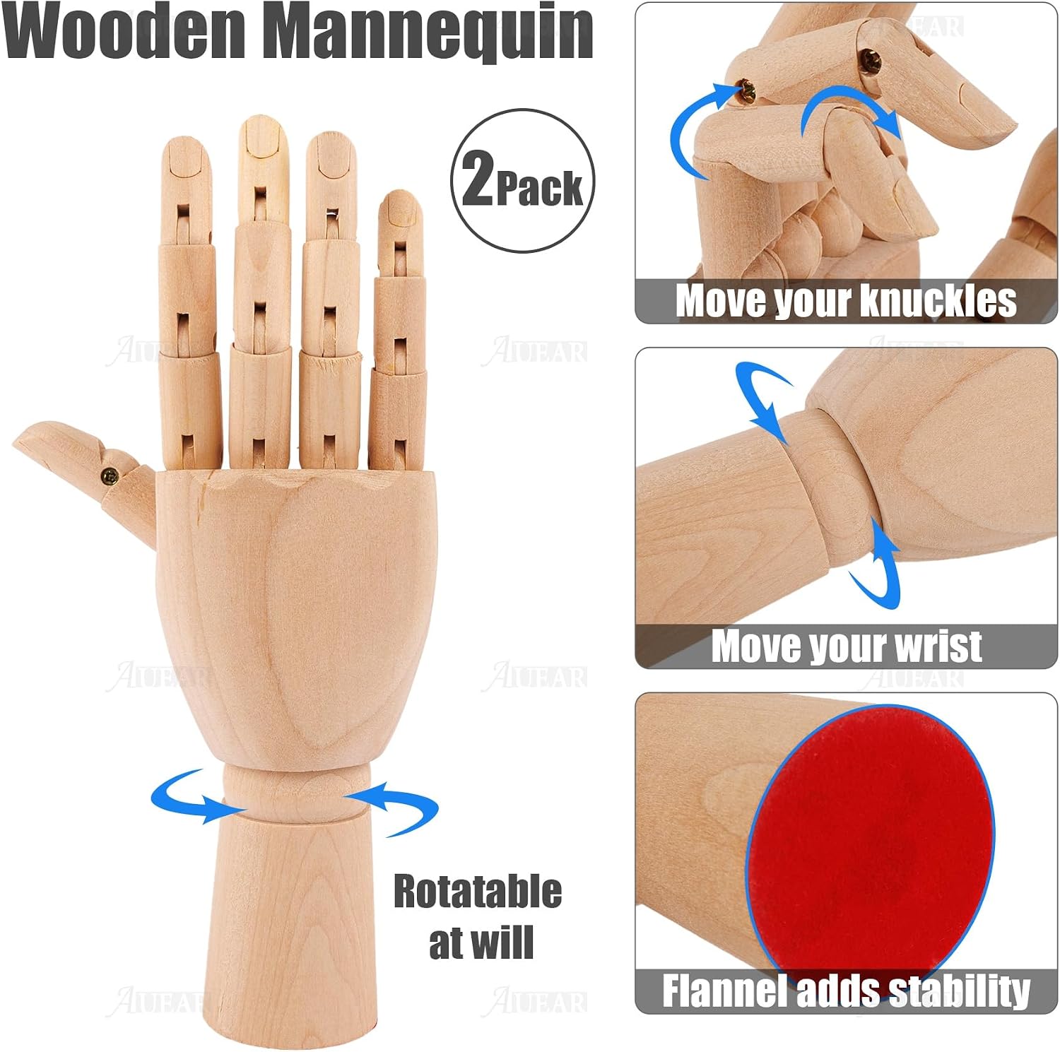 AUEAR, 2 Pack 7 Inch Wooden Mannequin Right Left Flexible Wood Hand Model Drawing Figure Artist Manikin Models for Art Sketching Display