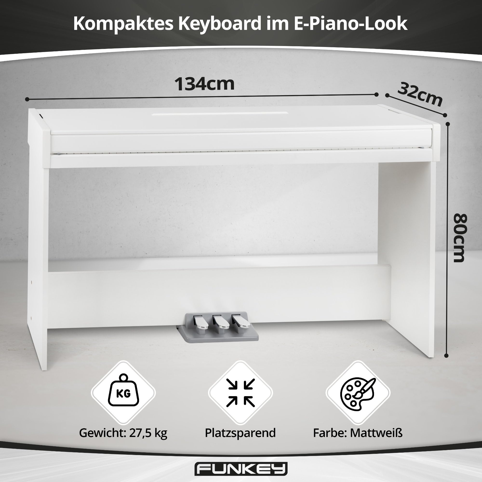 Funkey DP-1088 WM Piano numerique set - 88 touches clavier fin - 20 sons, unité de pédale incluse - Banc et casque inclus - Blanc mat