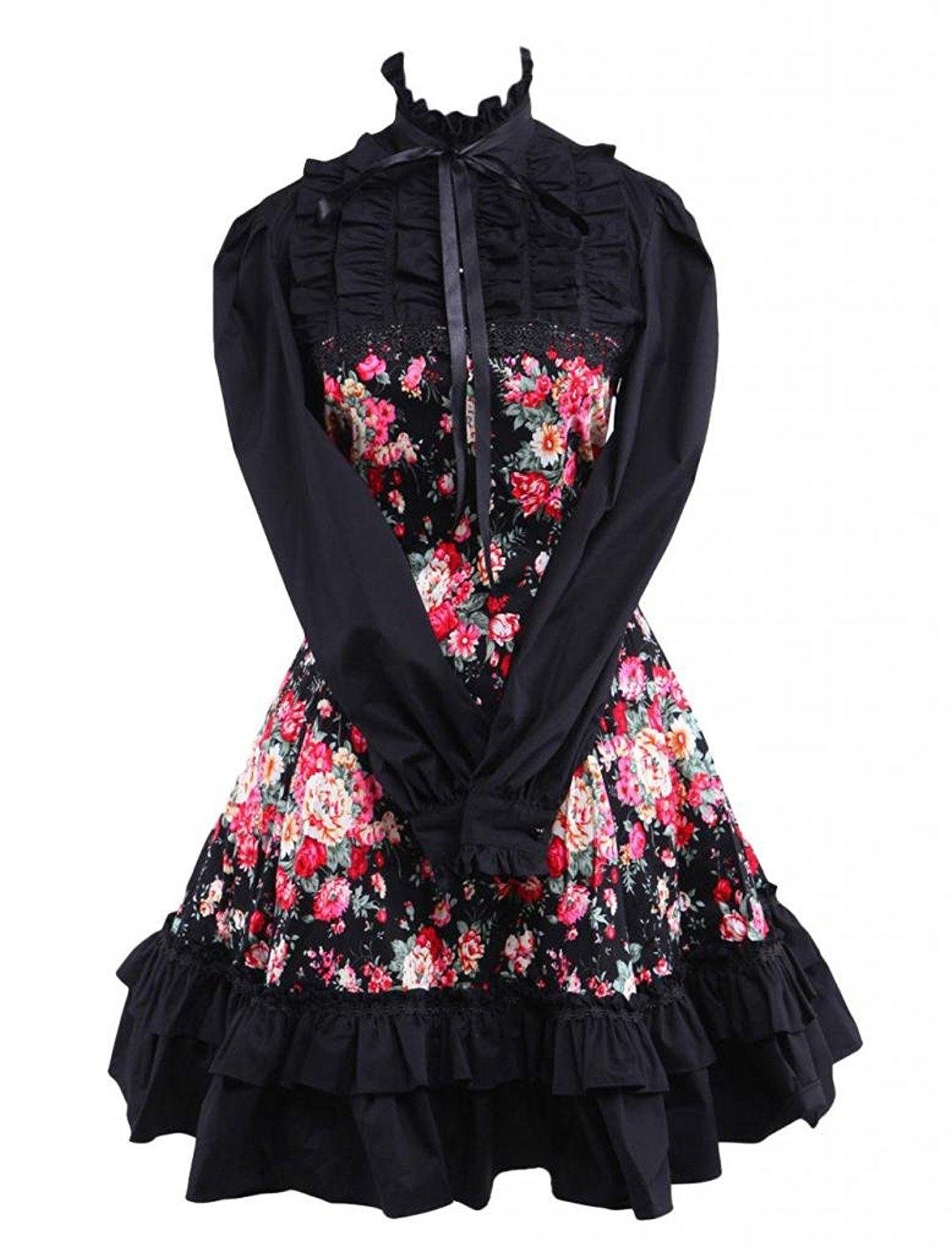 Cemavin Womens Black Floral Sweet Stand Collar Long Sleeves Cotton Lolita Dress