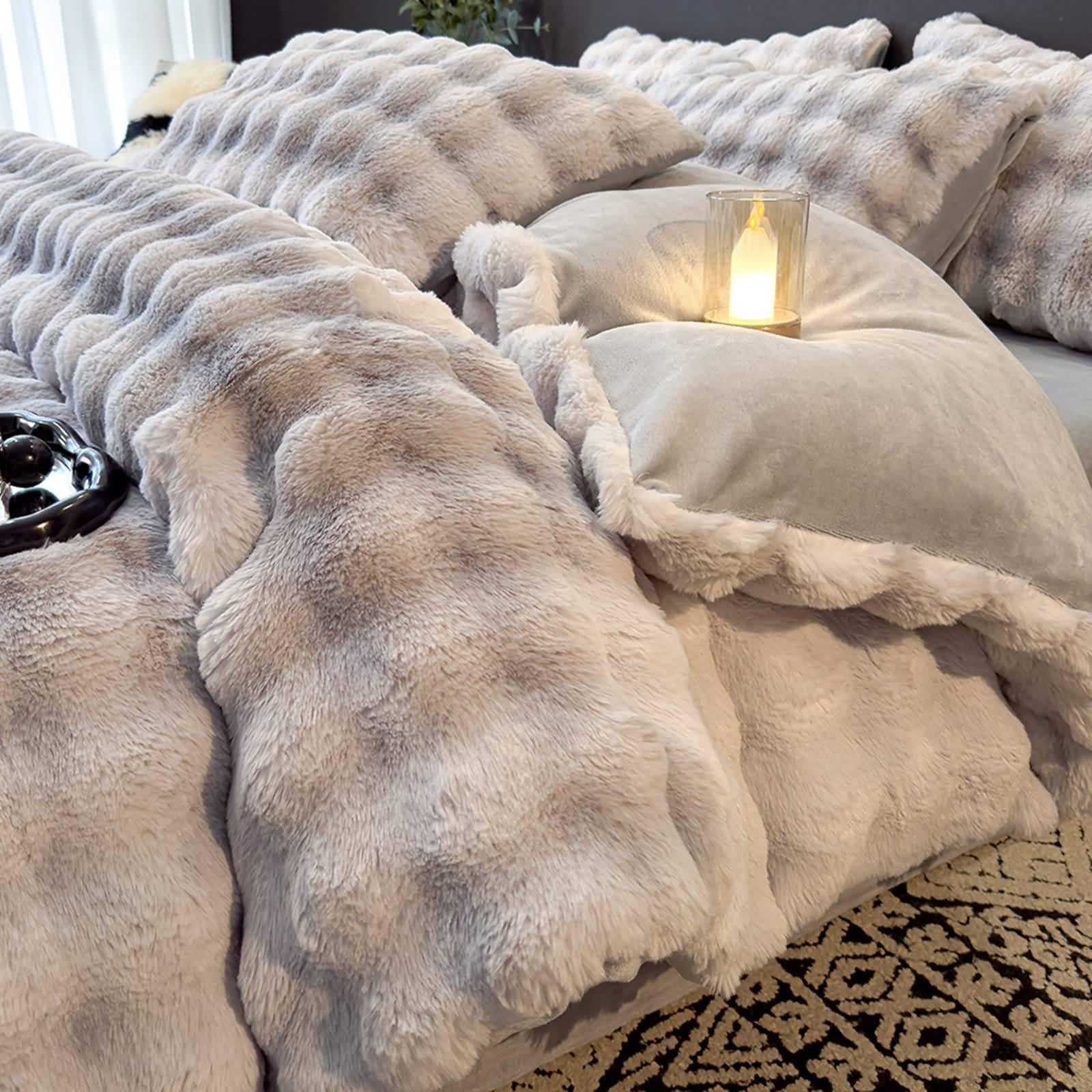 Gualiy Komplet pościeli w rozmiarze king size z płaskim prześcieradłem, 4-częściowy, aksamitna, futrzana, dwustronna poszewka na kołdrę 200 x 230 cm, z 1 płaskim prześcieradłem i 2 poszewkami na