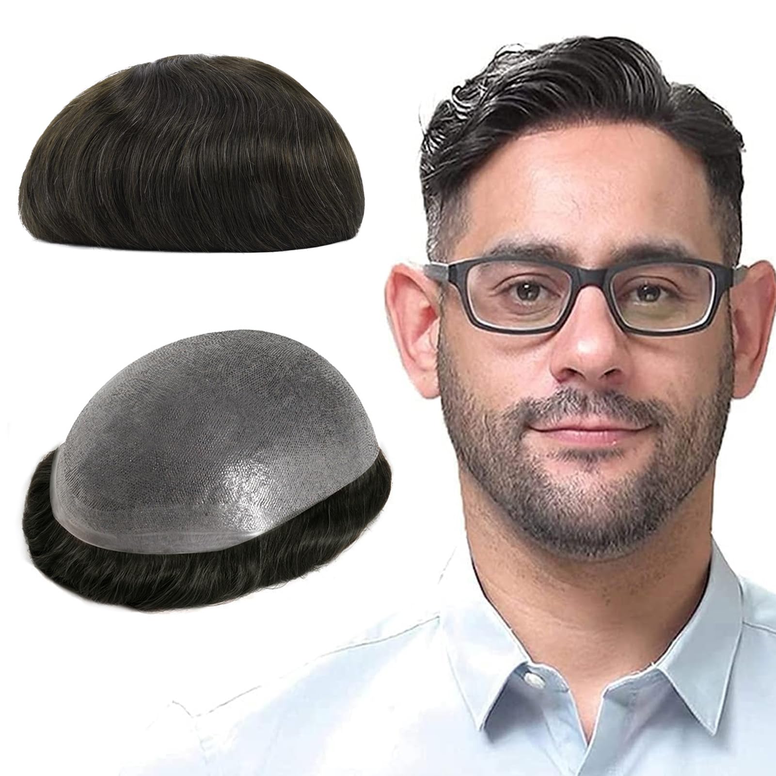 Lordhair Tupet peruka męska z prawdziwych włosów, 0,08 mm, cienka skóra, rozmiar podstawowy, 20 x 25 cm, lekki system wymiany włosów średniej gęstości