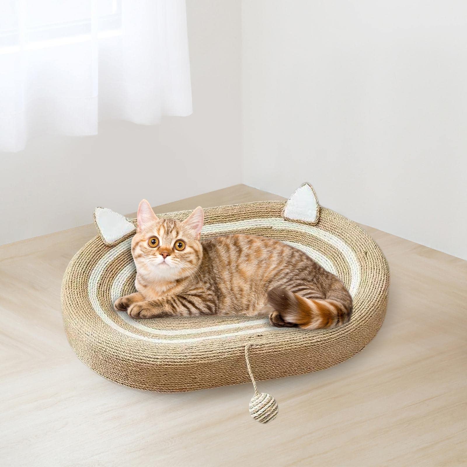 Colcolo Ovales Kratzbrett für Katzen - 3 in 1 Kratzmatte mit Ballspielzeug, Lounge Kratzpappe, Möbelschutz zum Spielen aus Pappe