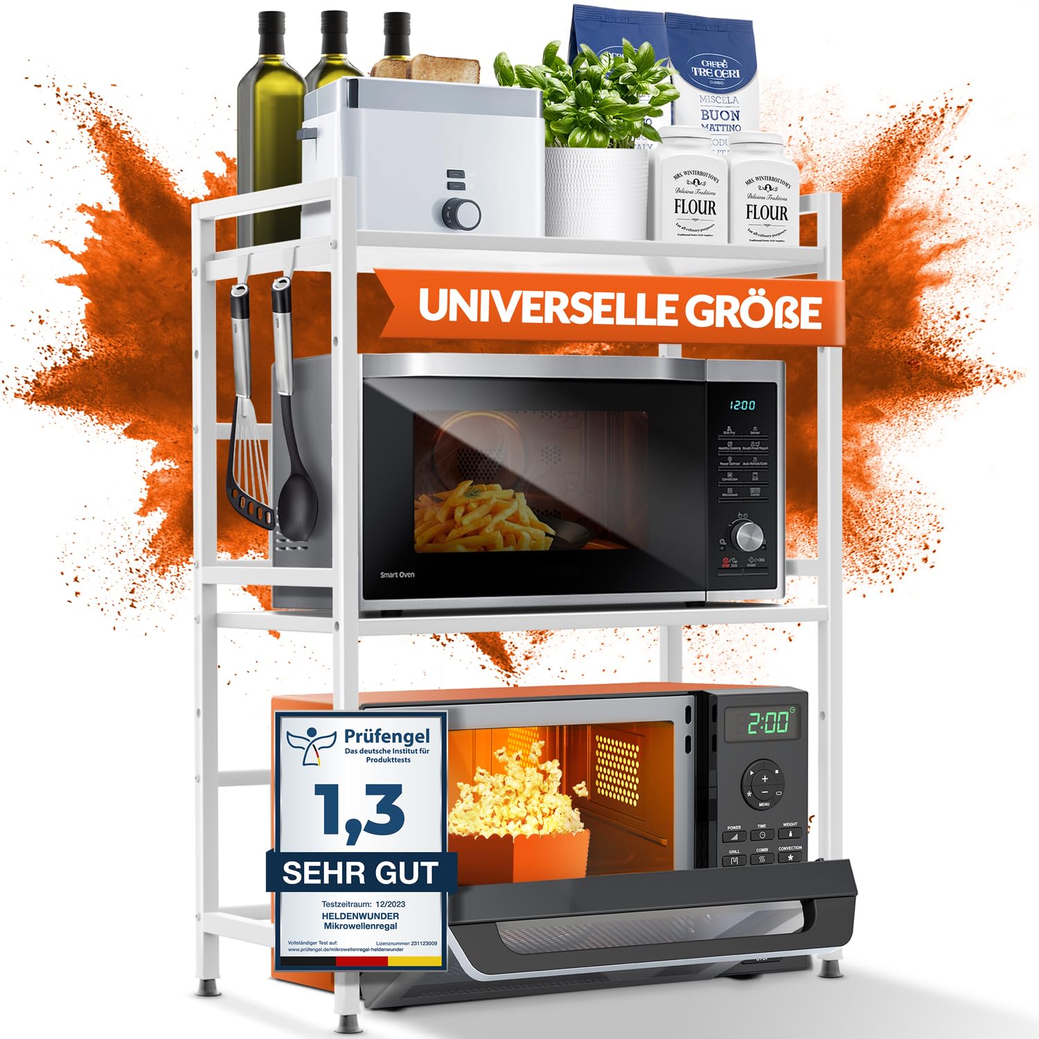 Heldenwunder Mikrowellenregal Küchenregal stehend Stahl (3-stufig) | Mikrowellen Regal Mikrowellenschrank | Vorratsregal Bäckerregal höhen & längenverstellbare Ablage + Videoanleitung, Haken - Weiß