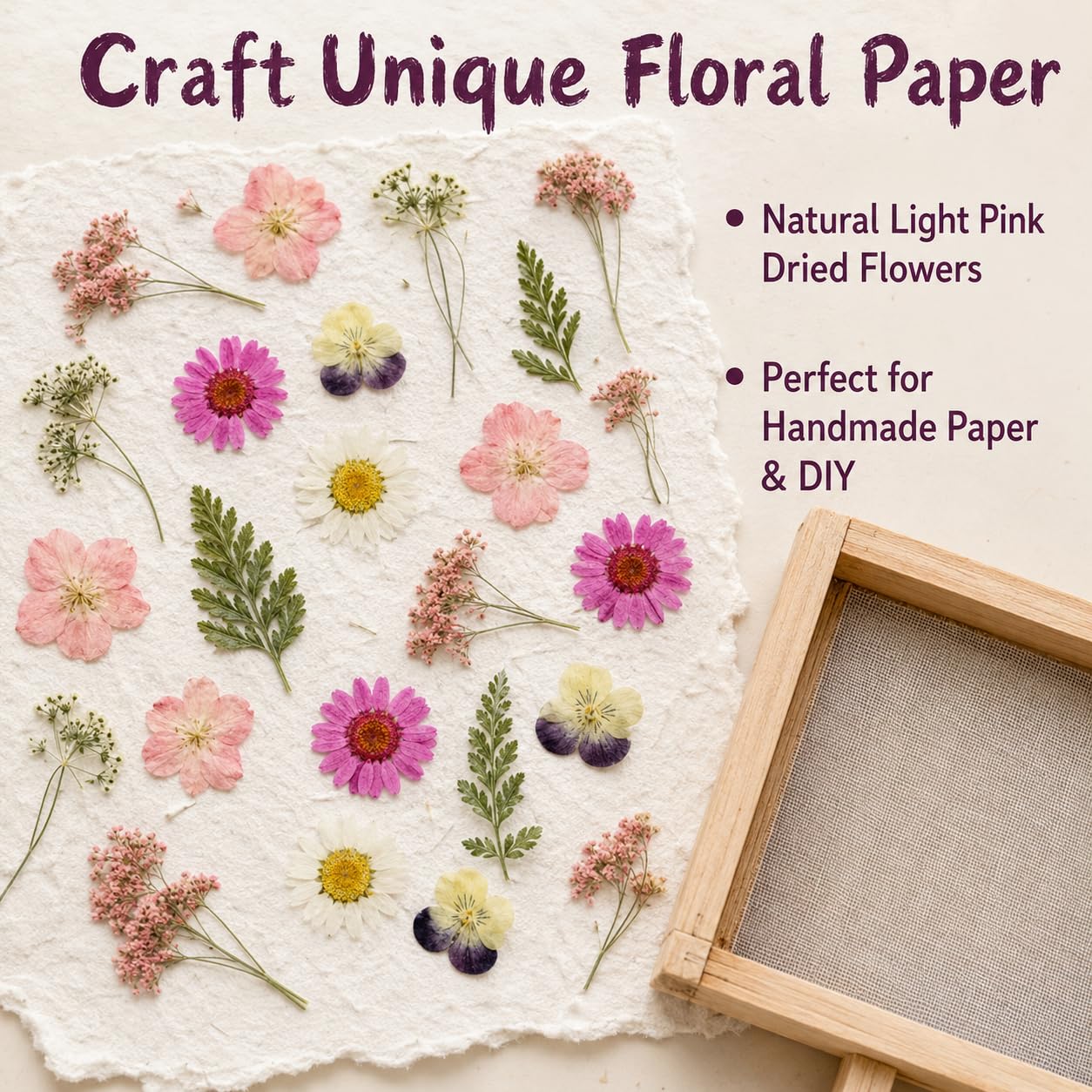 Yunmeryker Papierschöpfrahmen 15x18cm, Papier Schöpfen Set mit Blüten, Kreativset für handgeschöpftes Papier, 18-teiliges Starterkit für Bastler, Hellrosa Blüten, rose