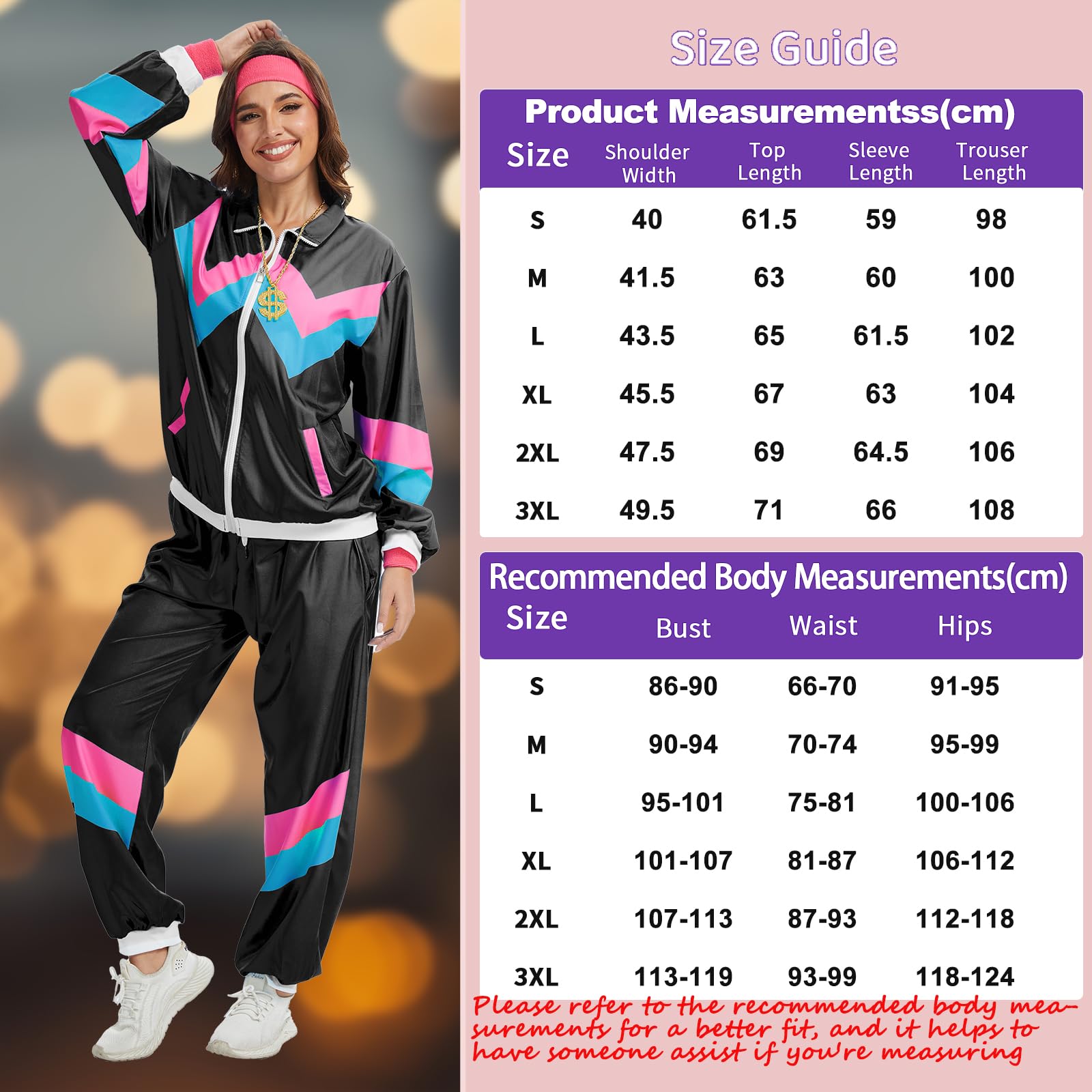 Disfraz de los años 80 y 90 para mujer, estilo retro de los años 80, chándal, chaqueta, pantalones, traje con cadena dorada, radio inflable, Halloween, carnaval para mujer