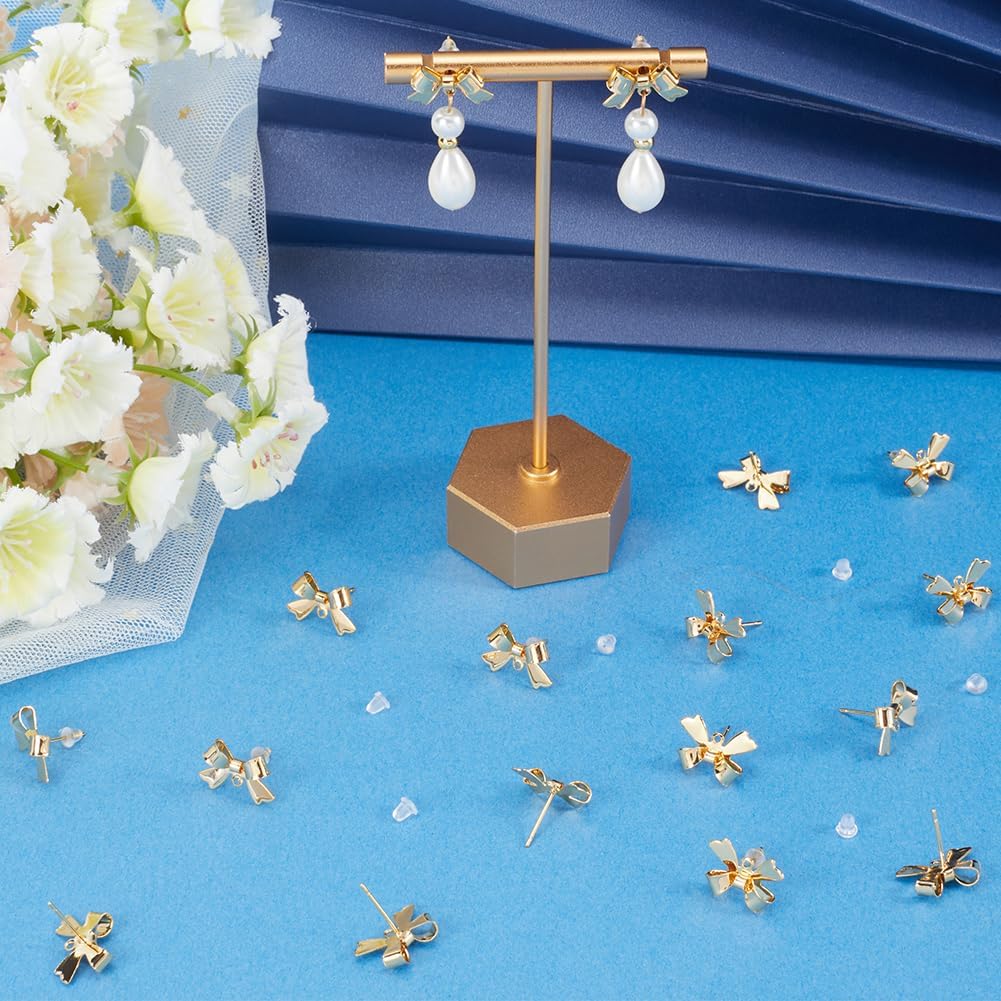 Beebeecraft 1 Box 30Pcs Bow Stud Earrings Findings 18K Gold Plated Brass Bowknot Posts Earring Findings with Loop for Dangle Earring Jewelry Making - Image 4